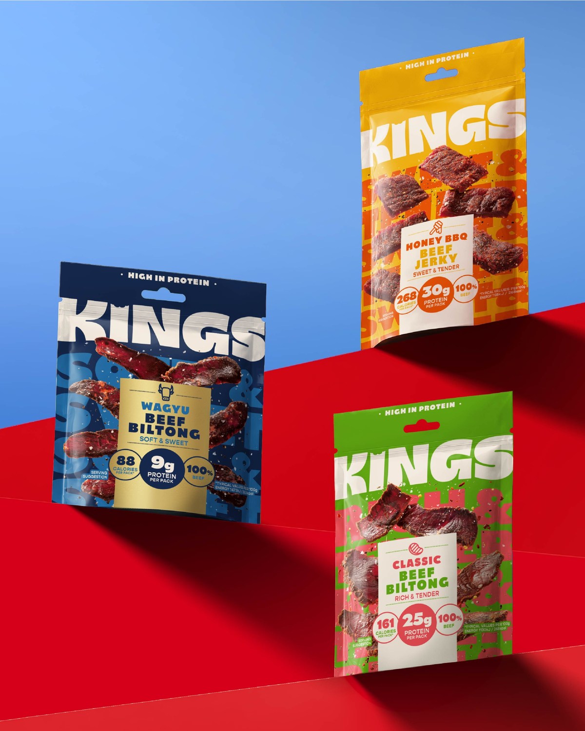 Kings肉干包装上可见新字标与口味文字